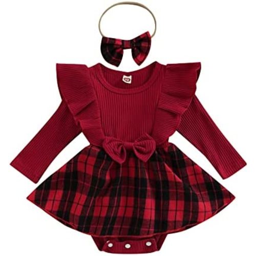 Hnyenmcko Newborn Baby Girl Christmas Clothes Infant Red Plaid Romper Dress Ruffle Long Sleeve Ribbed Bodysuit Headband Set