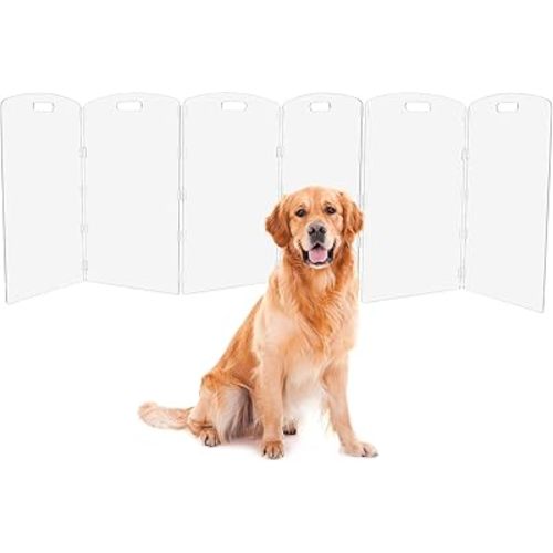 Modern Frame Clear Acrylic Freestanding Dog Gate - 32" Tall Extra-Wide Folding 6-Panel Pet Barrier for Doorways, Stairs & Large Openings, Indoor Fence for Small to Large Dogs & Cats