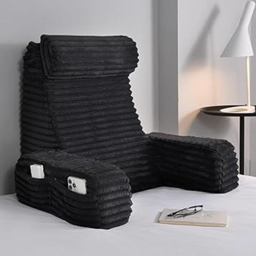 ENITYA 22" XL Ergonomic Bed Pillow for Sitting Up，Backrest Cushion for Reclining,Gaming,Resting,Watching TV,Recovery in Bed, Couch or Floor, Removable Cover, Black