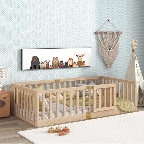 Tatub Twin Montessori Floor Bed with High Rails, Solid Wood Montessori Bed Frame for Kids, Door Can Install Left and Right, Twin-Nature