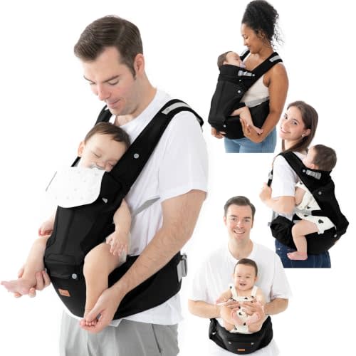 BabbleRoo 6-in-1 Baby Carrier with Hip Seat, Ergonomic Newborn to Toddler Carrier 7–50 lbs, Front Back Hip Carry, Lumbar Support, Sun Hood, Safety-Certified, Black