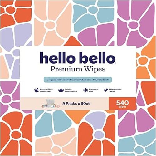 Hello Bello Premium Wipes, Designed for Sensitive Skin with Chamomile & Aloe Extracts, Flower Pop (9 Resealable Packets = 540 Total Wipes)