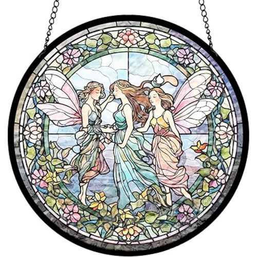Flower Fairies Stained Glass Window Hanging, Flower Fairy in Wonderland Sun Catcher Spring Summer Garden Decor Gift for Girls, Mom, Grandma (C, 8"/20cm)