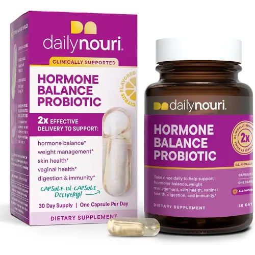 Daily Nouri Hormone Balance Probiotic for Women | Supports Healthy Estrogen, PMS, PCOS, Perimenopause, Vaginal pH, Yeast, Gut Health, Skin & Immunity | 7 Strains + Vegan Omega Oil | 30-Day Supply