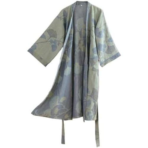 100% Cotton Gauze Ginkgo Leaf Kimono Robe, Long Knit Loose Bathrobe Nightgown Ladies Loungewear Sleepwear for Women