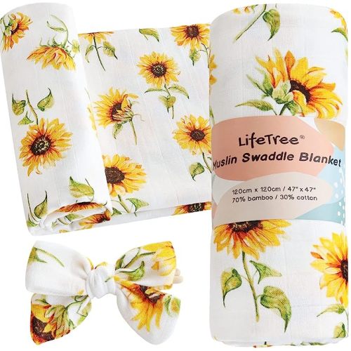 LifeTree Baby Muslin Swaddle Blankets for Boys & Girls, Newborn Swaddle Set with Matching Headband Bow, Infant Blanket Wrap, 47 x 47 inches, Sunflowers, 70% Viscose from Bamboo and 30% Cotton