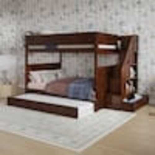 AFI Dover Walnut Brown Solid Wood Frame Full Over Full Staircase Bunk Bed with Storage Drawer and Twin Trundle AB68884