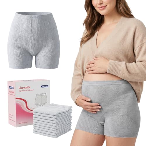Disposable Postpartum Underwear for Women (10 Pack) Gray | High Waisted Stretch Boyshort Panties, Fits Waist 28"-55", C-Section Recovery Essentials, Soft Breathable Underwear for Mom