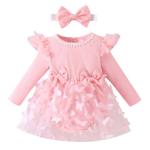 FYMNSI Baby Toddler Girl Ribbed Bowknot Princess Dress with Headband Infant Long Sleeve Tulle Tutu Dresses Newborn 3D Butterfly Romper Outfit 9-12 Months Pink