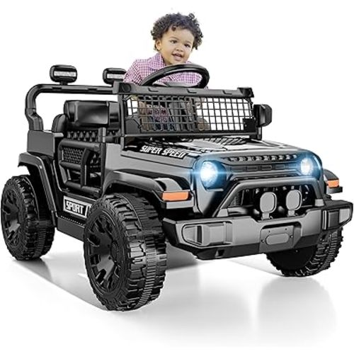 12V Ride on Car with Parent Remote Control, Toddler Electric Car with Spring Suspension, LED Lights & Music Player - Safe Battery Toy for Kids, Christmas & Birthday Gift, Black