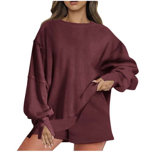 Womens Oversized Sweatshirt Shorts Sets 2 Piece Outfit Lounge Sweat Shorts Set with Pockets Split Cuffs Sweatsuits (XL, Wine)