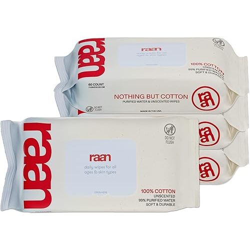 Baby Toddler 100% Cotton Wipes, 99% Purified Water, Unscented, EWG verified, Unbleached, Made for Sensitive Skin, Extra Soft and Durable, 4 pack, 240 Count