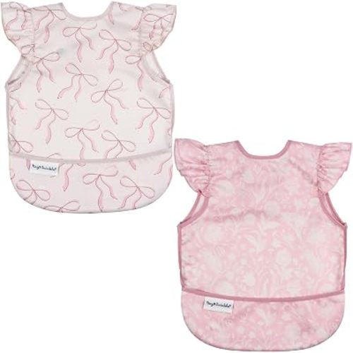 Tiny Twinkle Mess Proof Baby Bibs | 2 Pack Waterproof Toddler Bib for Eating | Baby Apron for Feeding, Machine Washable, Perfect Shower Gift (Bows,Toile, 6–24M)