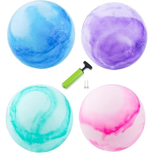 New Bounce Inflatable Bouncing Balls – Set of 4 Marbleized 8.5" Balls with Pump & 2 Pins – Sensory Play for Kids & Pets – Indoor/Outdoor Playground Toy
