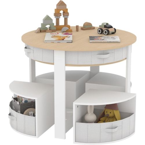 Garvee Wooden Round Nesting Toddler Activity Table, 4 Storage Stools with 4 Fabric Bins,White+ Natural Wood