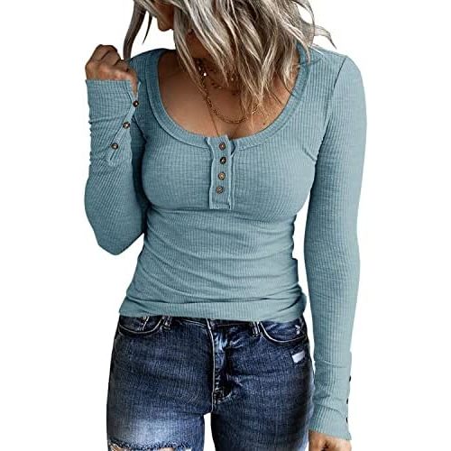 KINLONSAIR Women’s Long Sleeve Henley T Shirts Button Down Slim Fit Tops Scoop Neck Ribbed Knit Shirts