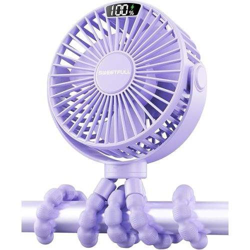 SWEETFULL Portable Stroller Fan with Display 4000mAh Battery Powered Mini Clip On Fan, 4-Speed Rechargeable Small Personal Cooling for Baby Car Seat Crib Travel - Purple