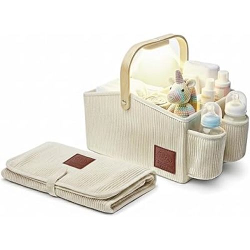 Diaper Caddy Organizer With Portable Changing Mat, LED Night Light, Wooden Handle & Shoulder Strap - Stylish Nursery Basket With Dividers - Newborn Essentials