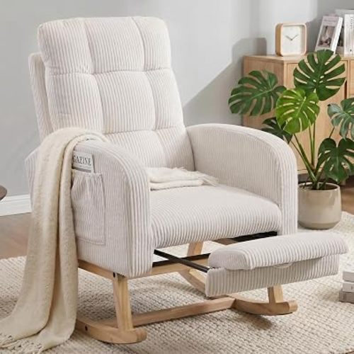 Nursery Glider, Rocking Chair Nursery with Footstool, White Retro