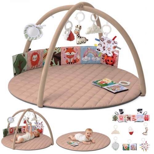 Baby Gym Play Mat, Caveen Baby Playmat Activity Mat with 6 Detachable Toys for Stage-Based Sensory & Motor Skill Development, Easy to Install & Clean, Baby Essentials, Khaki