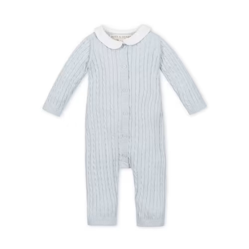 Hope & Henry Baby Organic Peter Pan Collar Button Front Sweater Romper, Airy Blue Cable, 3-6 Months