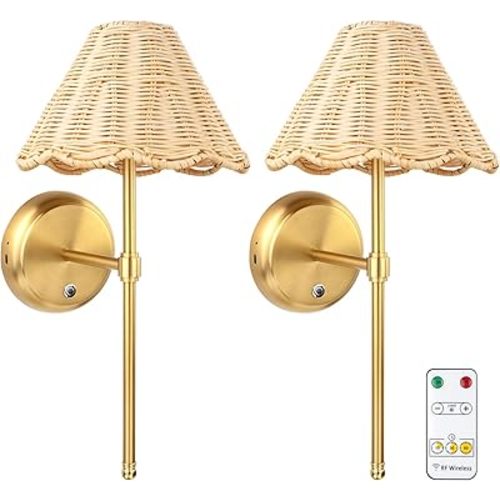 Battery Operated Boho Rattan Wall Sconce Set of 2, Stepless Dimming Magnetic Wall Lamp, 5200mAh Rechargeable Battery and Integrated LED, for Living Room Bedroom Hallway Corridor