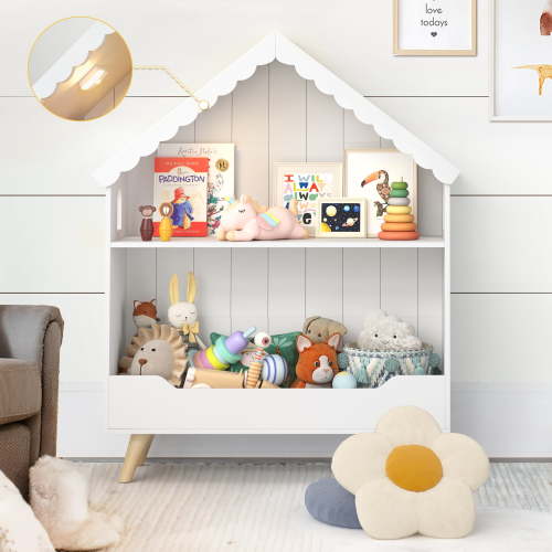 Curipeer 2-Tier Kids Bookshelf, Toy Storage Organizer with Motion-Activated Light, White