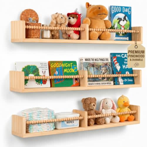 Nursery Book Shelves for Wall – Set of 3 Wooden Wall-Mounted Shelves, Premium Pine Wood, Rounded Edges, Nursery Bookshelf for Kids Room Decor, 31.5" x 3.9" x 3.7"