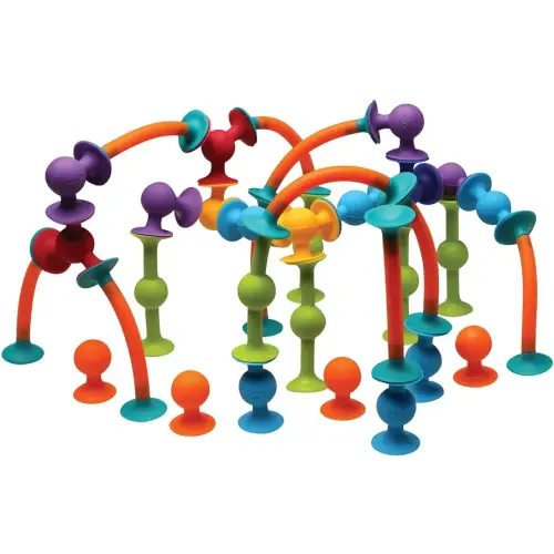 Fat Brain Toys Squigz 75 Piece Set - Suction Cup Toy Set with Storage Bag, BPA Free Silicone Sensory Wall Toys, Stem Building Toys, Kids Travel Toys