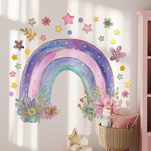 Colorful Rainbow Wall Stickers for Girls Room Watercolor Boho Rainbow Wall Decals & Murals Peel and Stick Floral Decor for Kids Room Nursery Bedroom (Purple)