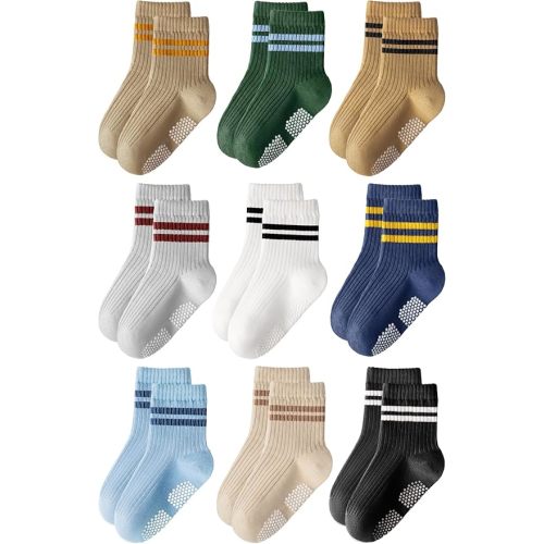 HONGTEYA 9 Pairs Toddler Boys Socks, Baby Non Slip Socks for Infant Cotton Sock with Grippers 0-5 Years