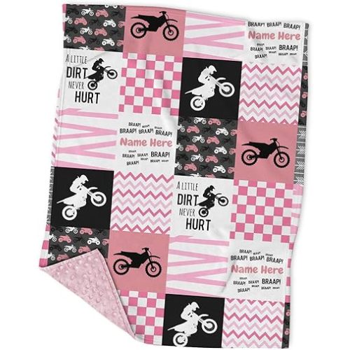 Custom Motocross Soft Minky Pink Baby Blanket for Girls - Designer Patchwork Personalized With Name - Motorcycle and Dirt Bike Themed for Kids