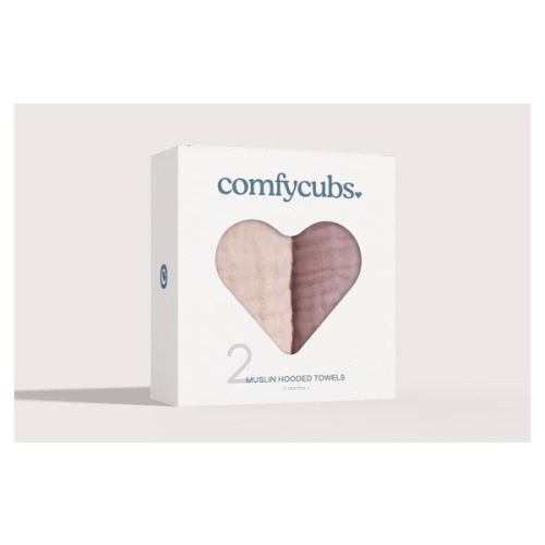 Comfy Cubs Hooded Baby Towel 2-Pack, Large 32 x 32 Inch - 6 Layer 100% Muslin Cotton for Babies, Toddlers, Kids - Soft & Absorbent Baby Bath Towels - Unisex Design for Bath Time, Mauve and Blush