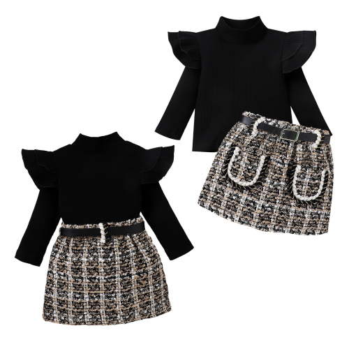 Loliuicca Toddler Girls Skirt Set Kids Girls Long Sleeve Semi-high Collar T-shirt with Tweed Skirt and Belt 3Pcs Fall Outfit