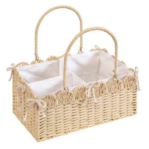 Quincry Large Baby Diaper Caddy, Brown Paper Rope Storage Basket with Handles, Portable Nursery Organizer with Removable Divider for Diapers, Wipes, Baby Essentials (Nature)