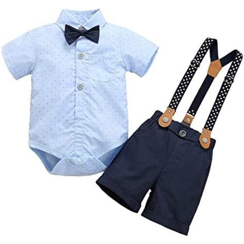 Baby Toddler Boy Formal Gentleman Suits,Dress Short Shirt With Bowtie+Suspender Pants Dressy Outfit