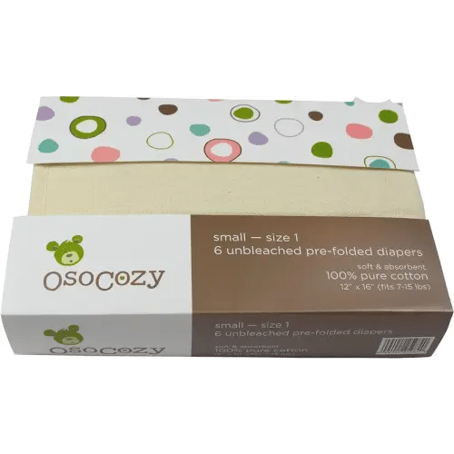 OsoCozy Prefolds Unbleached Cloth Baby Diapers, Size 1 (7-15 lbs), 6 Pack, Soft, Absorbent and Durable 100% Natural Cotton