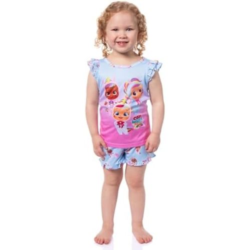 INTIMO Cry Babies Magic Tears Fantasy Unicorn Ruffle Sleeve Toddler Girls Pajama Set with Shorts 2 Piece Set