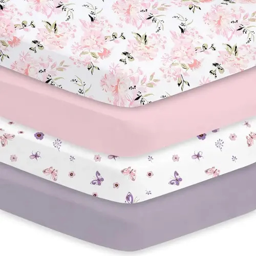 Little Grape Land Crib Sheets Girl 4 Pack, Baby Crib Sheets for Standard Crib & Toddler Mattress, Super Soft Breathable Crib Sheet Set for Girls, Floral & Butterfly