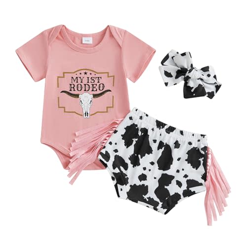 Kayotuas Western Baby Girl Clothes Summer Cowgirl Outfits My First Rodeo Romper Cow Print Bloomer Shorts Headband 3 Piece Set