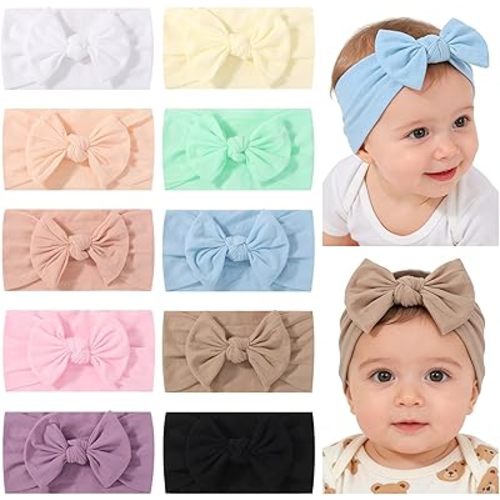 jollybows 10PCS Baby Girl Nylon Headbands Elastic Soft Turban Hair Bows Candy-Color Baby Hair Accessories for Toddlers and Infants