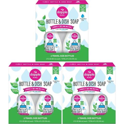 Dapple Baby Fragrance-Free Baby Bottle & Dish Soap - (6 Pack) 3 fl oz - Plant-Powered Cleaner for Bottles, Pump Parts, and Sippy Cups - Travel Size