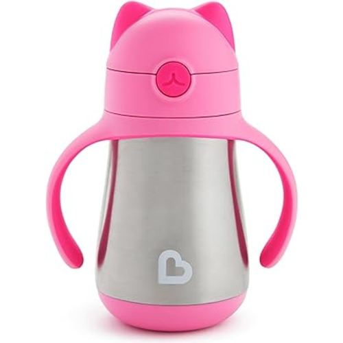 Munchkin Cool Cat Sippy Cup for Toddlers, Stainless Steel Straw Cup, 8 Ounce, Pink