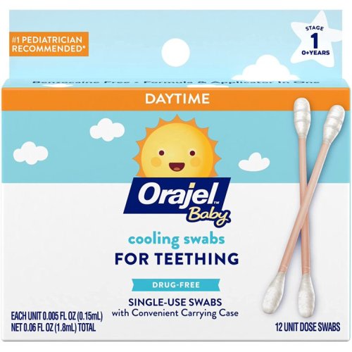 Baby Daytime Cooling Swabs for Teething, Drug-Free, #1 Pediatrician Recommended Brand for Teething*, 12 Swabs in Carrying Case