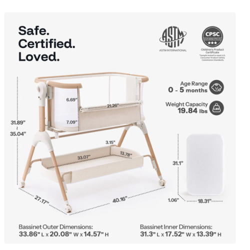 Bassinet Bedside Sleeper - HARPPA Cuddly Signature | 3-in-1 Rocking Baby Bassinet & Bedside Sleeper with Anti-Reflux Mattress for Newborns | Attaches to Bed, Adjustable Height, Tool-Free Setup, Portable Wheels, CPSC Certified, Gentle Rocking Motion | Idea