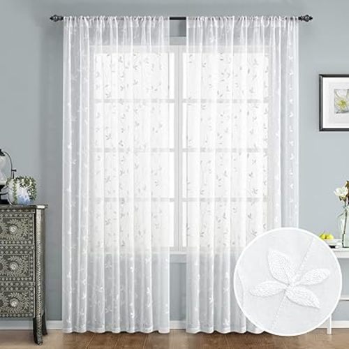 HOMEIDEAS White Sheer Curtains 52 X 84 Inches Length 2 Panels Embroidered Vine Floral Pattern Pocket Faux Linen Semi Sheer Voile Window Drapes for Bedroom Living Room