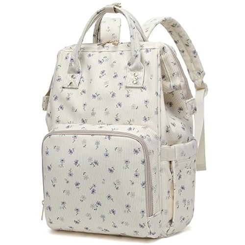 Baby Diaper Bag Backpack for Mom, Large Capacity Travel Nappy Bag for Boys & Girls with Stroller Straps (Corduroy Flowers Purple)