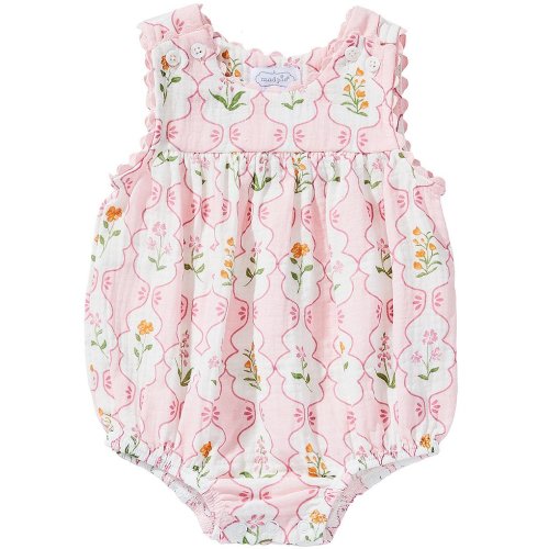Mud Pie Baby Girls Short Sleeve Gauze Ric-Rac Trim Blossom Bubble Romper