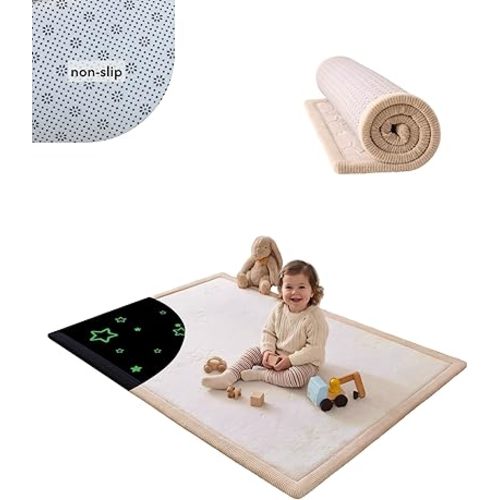 Hakuna Matte GlowCloud Baby Play Mat for Floor 47”x 67” Stars – Coral Velvet Memory Foam Rug for Crawling & Cozy Play – Non-Slip, Water-Resistant, Easy-CareTummy Time Mat, Playmat for Playpen
