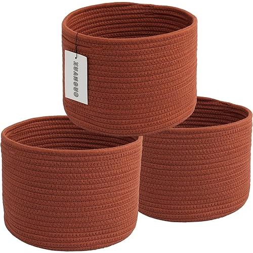 XUANGUO Woven Cotton Storage Baskets - 3-Pack Round Bins (10x10x7'') for Shelves, Closets & Bookcases | Durable Rope Organizers for Nursery, Baby, Toys, Easter & More (rustic)